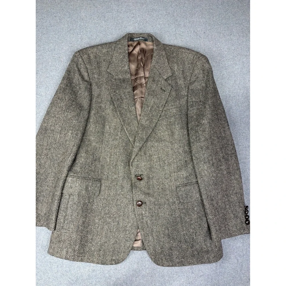 ROBERT STOCK Men's 43R Herringbone‎ Wool Blazer Jacket Brown Tan VTG Sport Coat